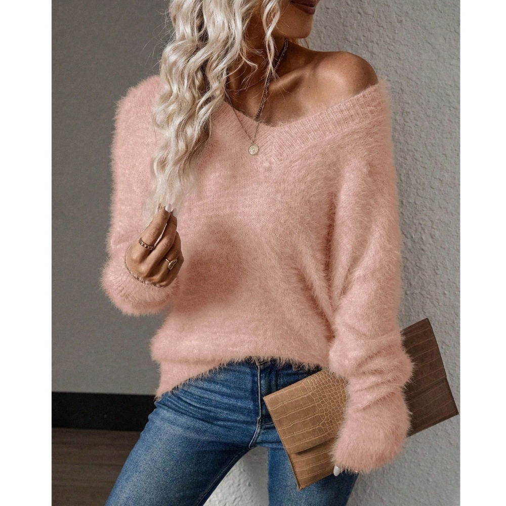 Pink Fuzzy Fluffy V-Neck Pullover Knit Sweater Long Sleeve